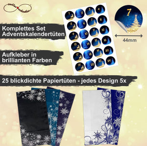 Adventskalender zum Befüllen - 25 Papiertüten zum Basteln und blauen Aufklebern komplettes Set Weihnachtskalender