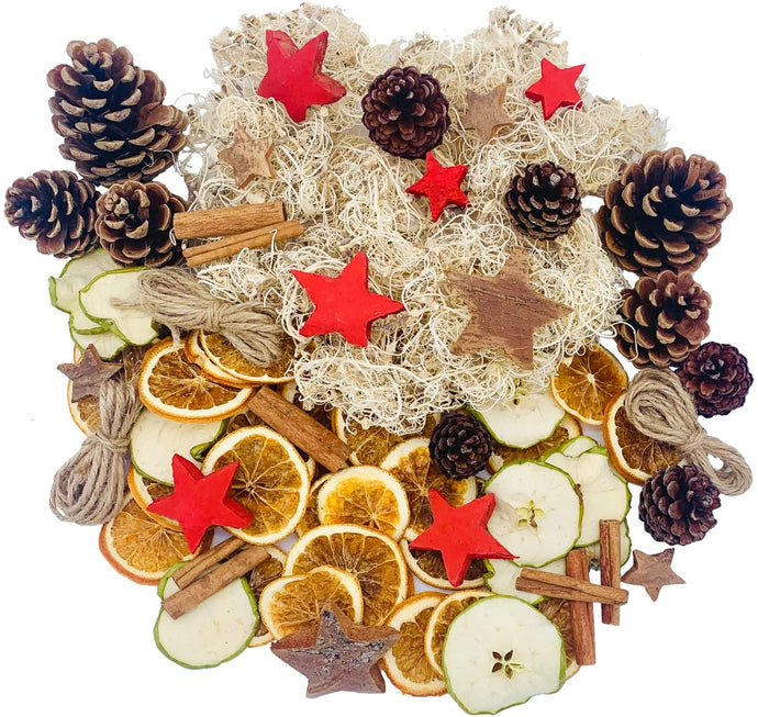 Natur Dekoration Weihnachten - getrocknete Orangenscheiben, Apfelscheiben, Zimtstangen, Kokossterne, Tannenzapfen (Deko 6)