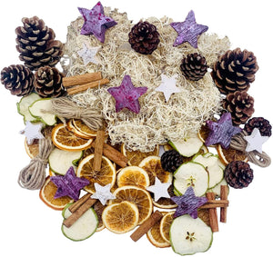 Natur Dekoration Weihnachten - getrocknete Orangenscheiben, Apfelscheiben, Zimtstangen, lila- weiße Kokossterne, Tannenzapfen (Deko 1)